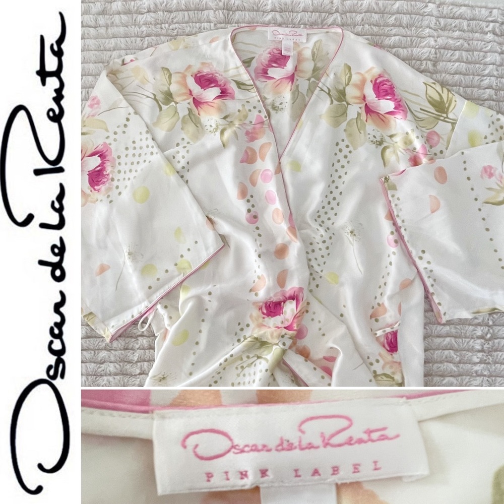 SET - Oscar De La Renta Ivory Pink Label Floral Chemise Nightgown Satin Robe L